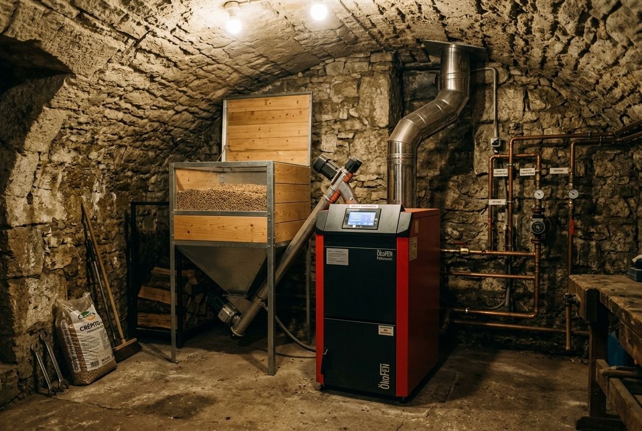 Charbonnage et chaudière modernes installées dans une cave en pierre; chaudière rouge connectée à des conduits et un silo à granulés à gauche, ambiance chaude et technique. intégrant le mot-clé: quel chauffage choisir pour une maison ancienne.