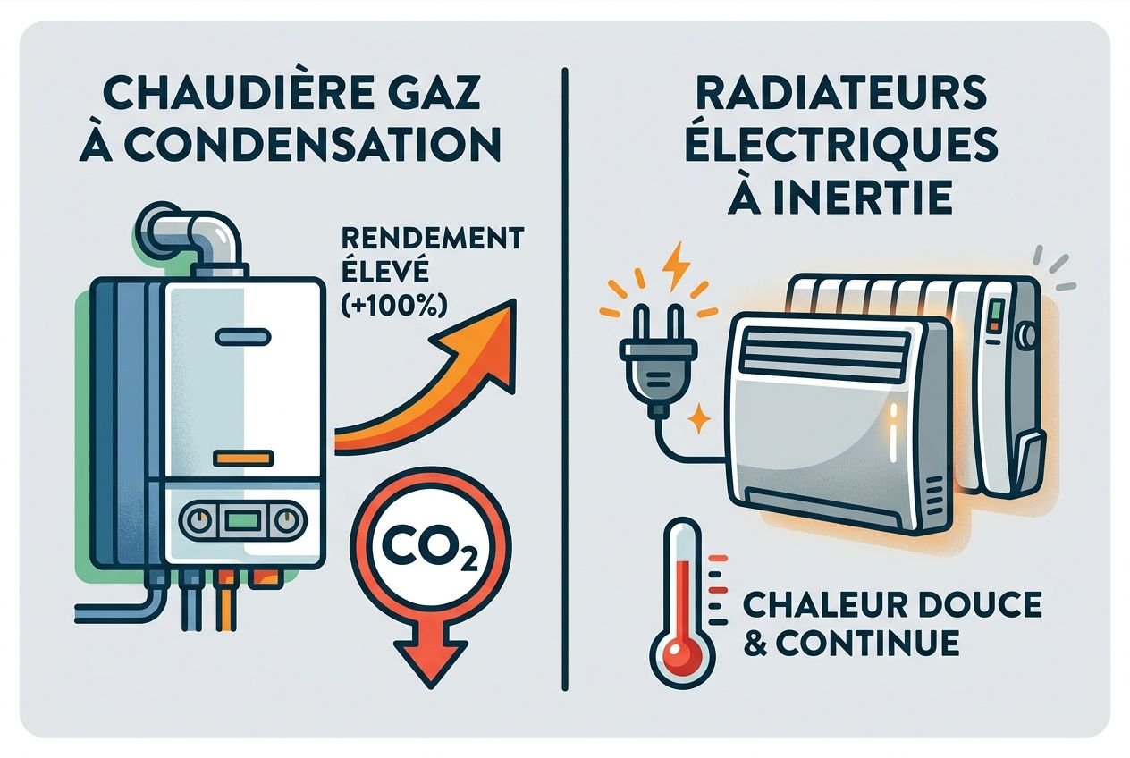 Chaudrière gaz à condensation et radiateurs électriques à inertia illustrés, avec mention chaleur douce et continue et flèche CO2, pour le choix du chauffage.