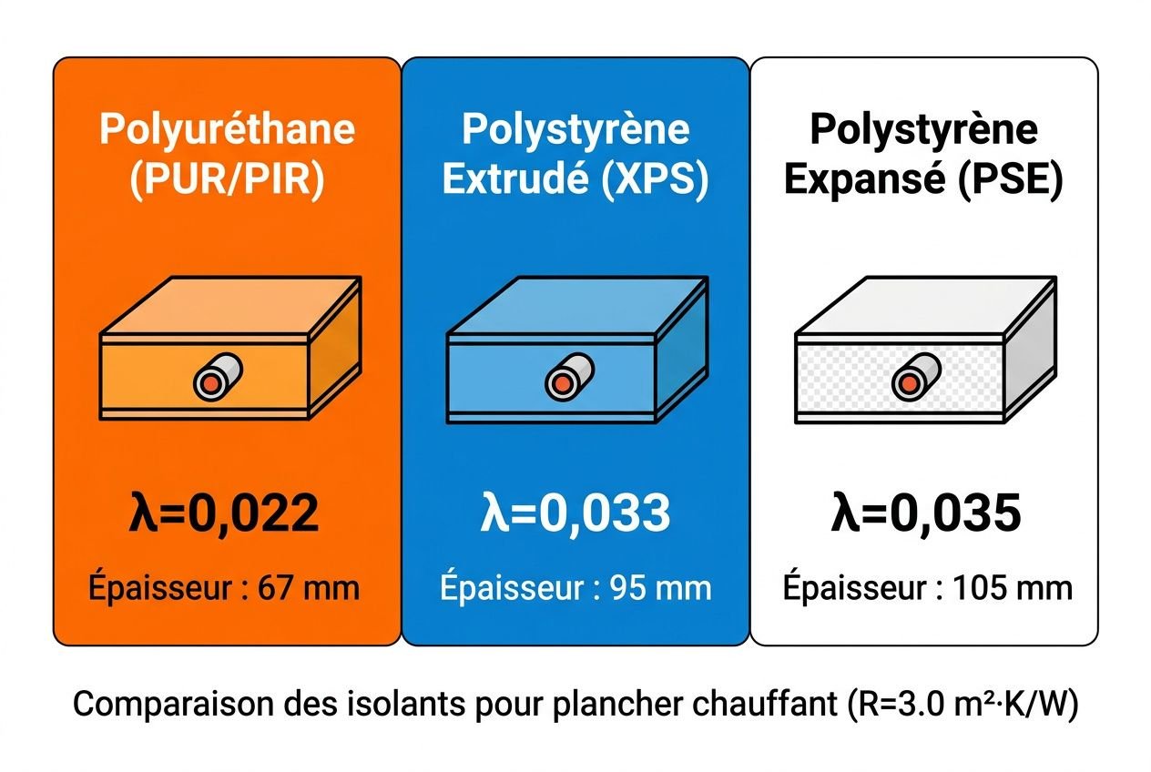 Comparaison des isolants pour plancher chauffant: PUR/PIR, XPS et PSE, montrant leurs épaisseurs (67 mm, 95 mm et 105 mm) et coefficients λ respectifs. isolation plancher chauffant épaisseur.
