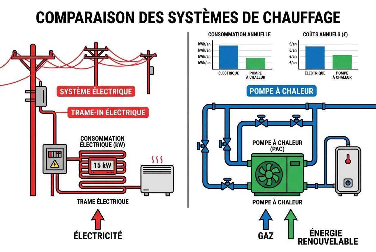Comparaison des systèmes de chauffage: schéma montrant électricité et chauffage électrique d’un côté, pompe à chaleur et chauffage par sol de l’autre.