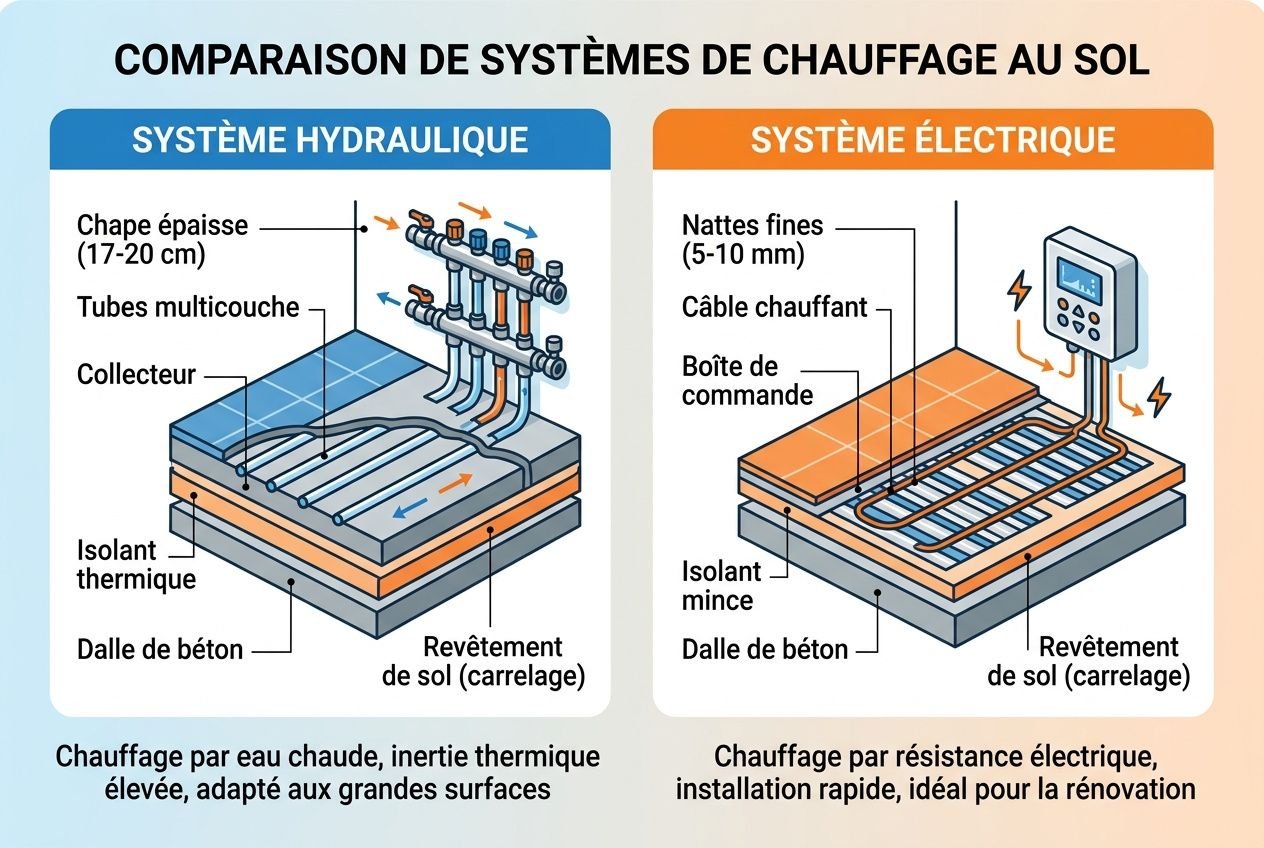 Comparatif des systèmes de chauffage au sol: hydrolique et électrique, avec couches (dalle béton, isolation, revêtement) et composants clés. comment installer un chauffage au sol dans une maison ancienne.