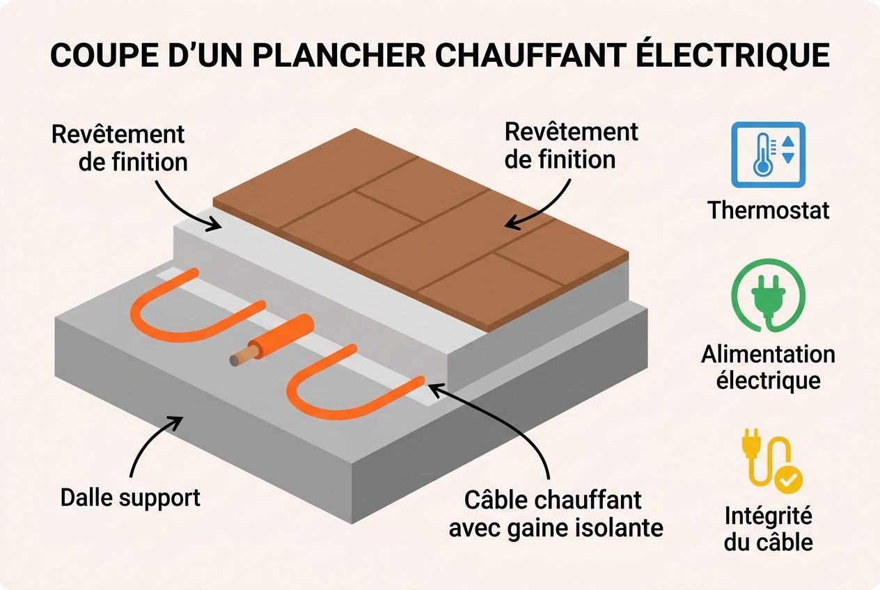 Coupe d’un plancher chauffant électrique avec câble chauffant et gaine isolante, posé sur une dalle, sous un revêtement fini et indiquant thermostat, alimentation électrique et intégrité du câble. Entretien chauffage au sol.
