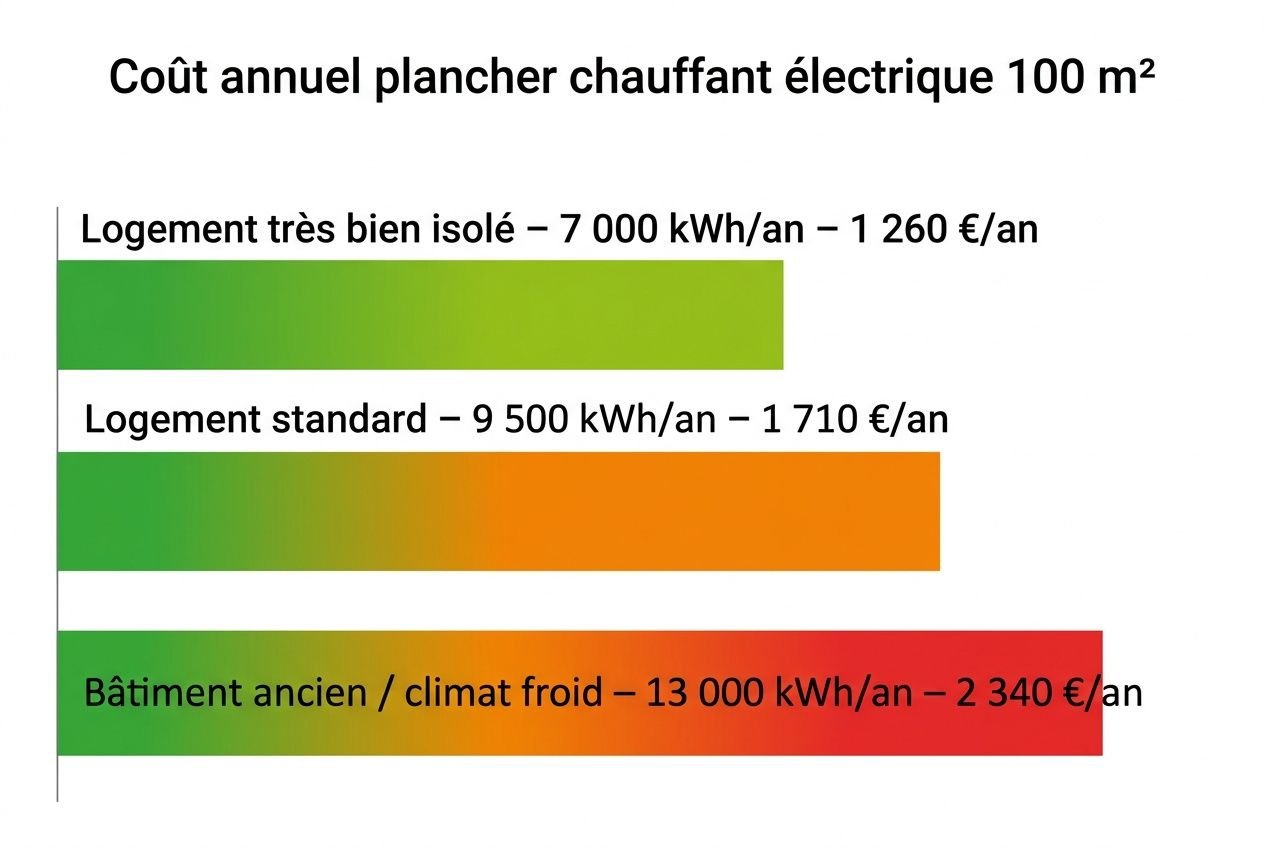 Coût annuel plancher chauffant électrique 100 m² : barres horizontales représentant la consommation et les coûts selon isolation (très bien isolé, standard, ancien/bâtiment climatique froid) avec valeurs 7 000 kWh/an – 1 260 €/an; 9 500 kWh/an – 1 710 €/an; 13 000 kWh/an – 2 340 €/an. Consommation énergie plancher chauffant.