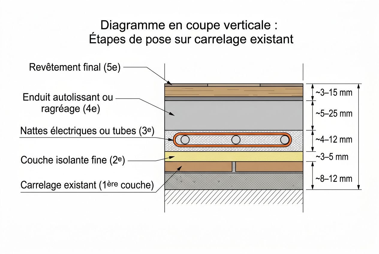 Diagramme en coupe verticale montrant les couches pour pose sur carrelage: chauffage au sol avec nattes ou tubes, isolation fine, enduit et revêtement final, installation étape par étape. | Intègre le sujet: "comment installer un chauffage au sol dans une maison ancienne" de façon naturelle.