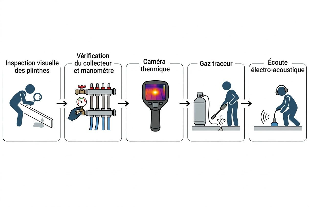 Diagramme étape par étape de l’inspection d’une fuite plancher chauffant, avec inspection des planches, vérification du collecteur et manomètre, thermographie, gaz traceur et écoute électro-acoustique. fuites plancher chauffant que faire.