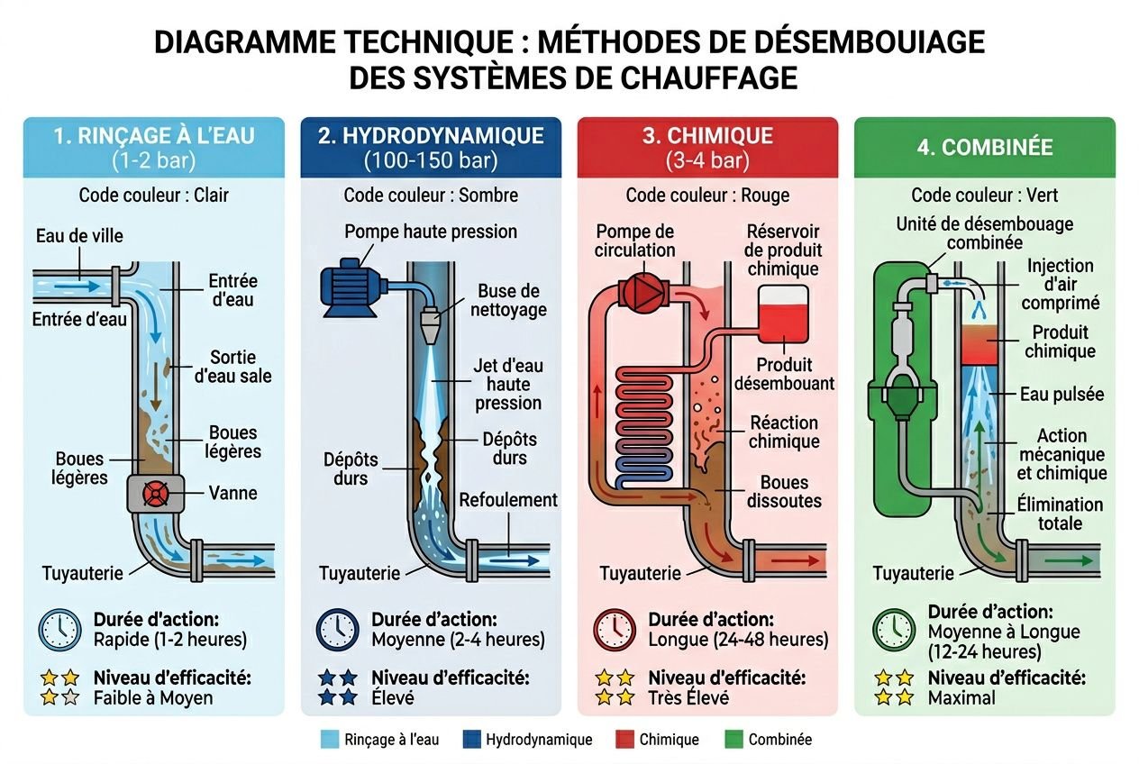 Diagramme technique illustrant les méthodes de désemboûtage des circuits: rinçage à l’eau, hydrodynamique, chimique et combinée pour entretien chauffage au sol.