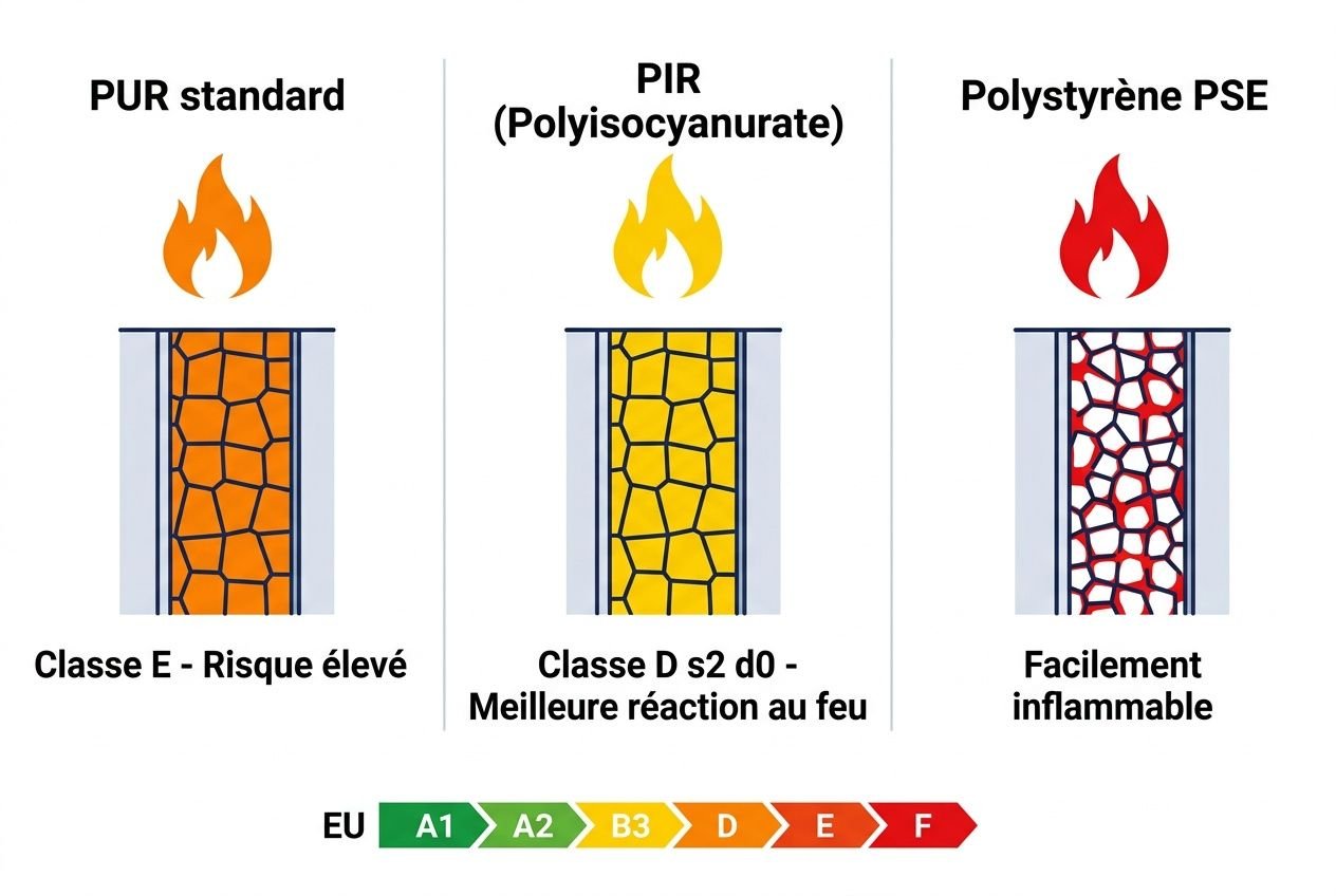 Différence polyuréthane et polystyrène : comparaison visuelle des isolants PUR standard, PIR et Polystyrène PSE avec indices de risque et classes feu.