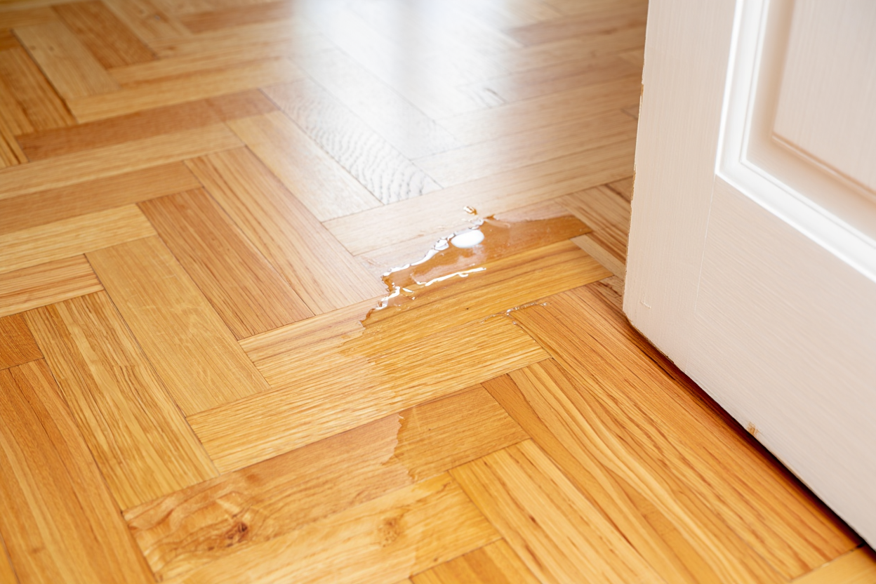 Fuite sur parquet près d’une porte, éclaboussures d’eau sur le sol en bois qui peut être liée à une fuite plancher chauffant que faire.