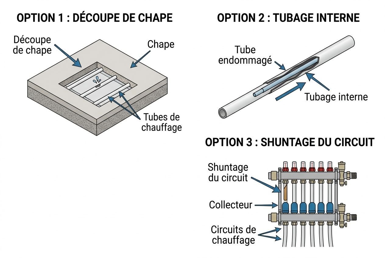 Fuite plancher chauffant que faire : schéma explicatif des méthodes de réparation (découpe de chape, tubage interne et shuntage de circuit) pour localiser et réparer une fuite.