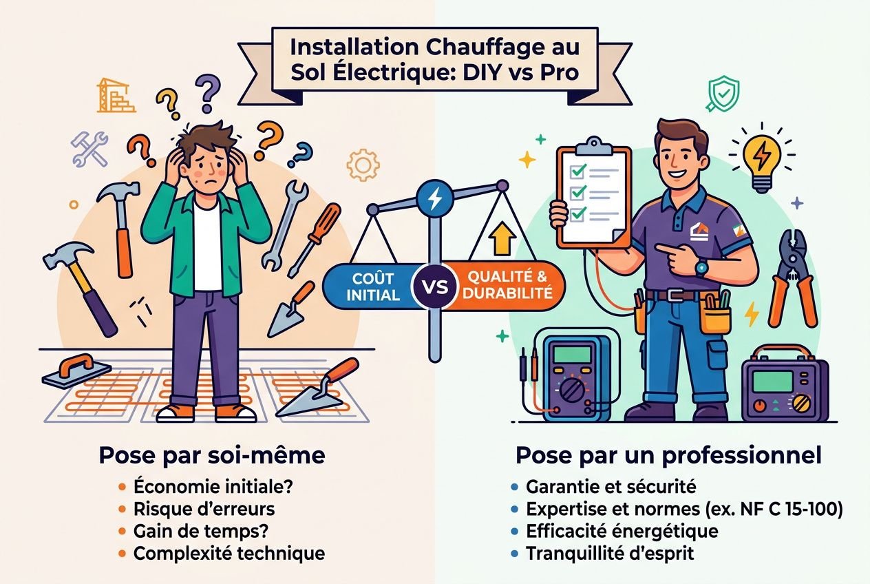 Illustration comparant poser soi-même un chauffage au sol électrique versus faire appel à un pro, avec outils et personages, mentions coût initial et qualité/durabilité.