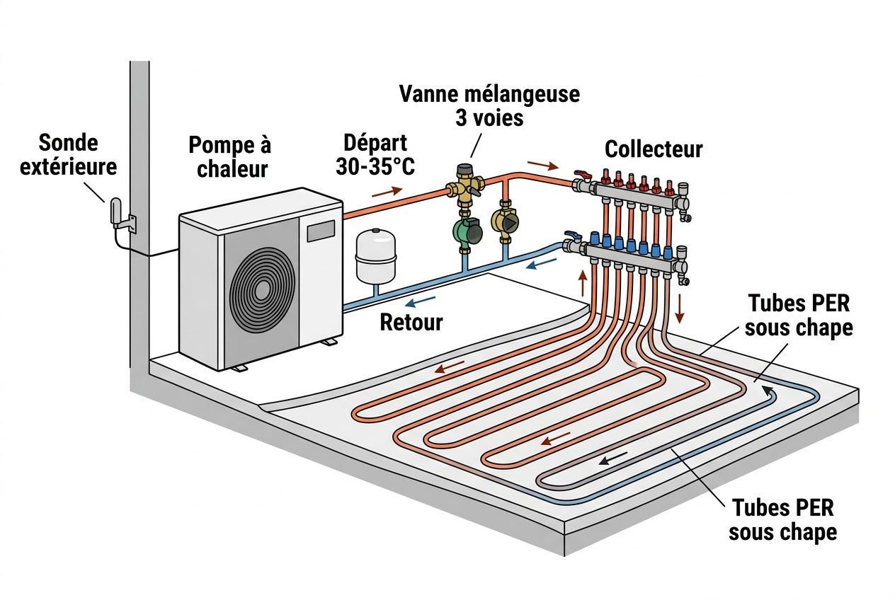 Installation de chauffage au sol avec pompe à chaleur: schéma des tubes PER sous dalle et organe de distribution pour la consommation chauffage au sol pompe à chaleur.
