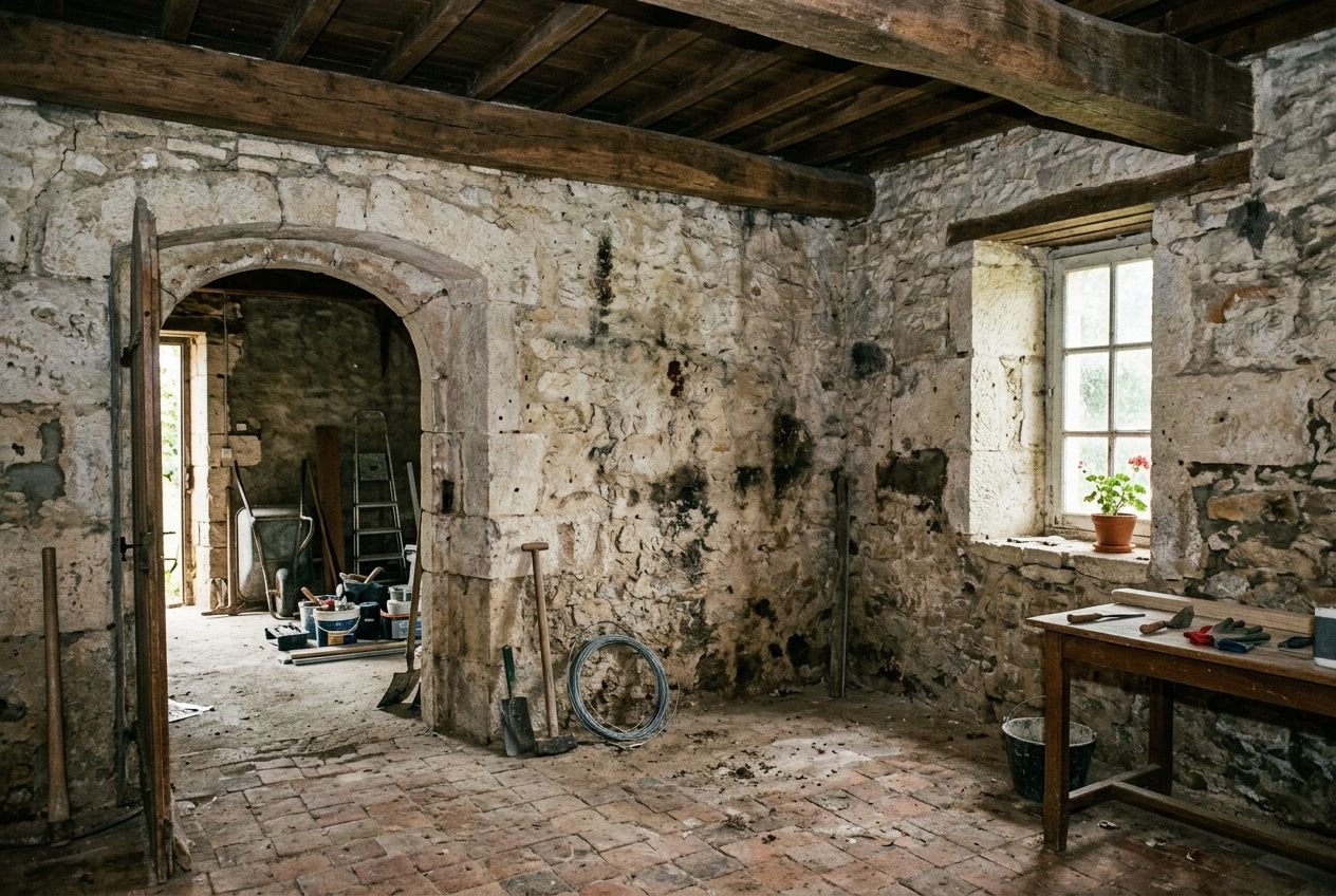 Intérieur d’une maison ancienne en rénovation: murs en pierre, poutres apparentes, outils et matériaux près d’une porte et d’une fenêtre; présente un espace de travail rustique.