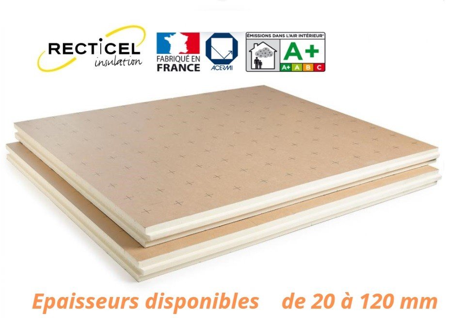 Isolant thermique pour le sol Recticel, panneau sandwich beige avec chants, disponible en épaisseurs 20 à 120 mm, logos A+ et fabriqué en France.