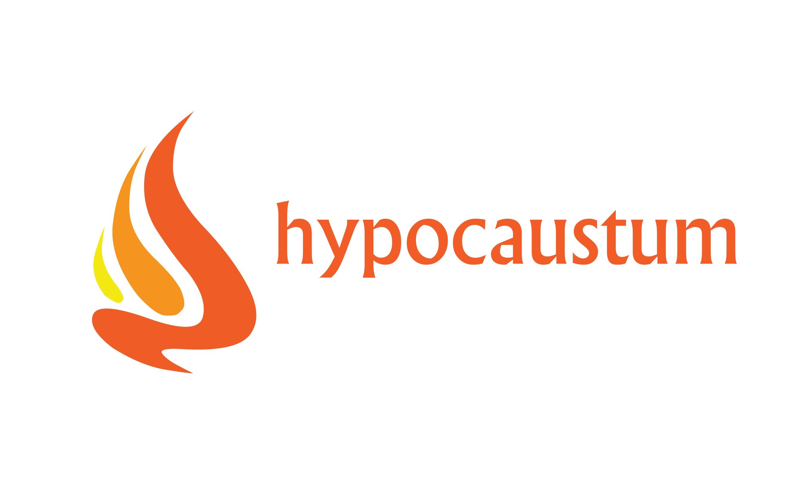 Logo Hypocaustum avec flame orange et texte “hypocaustum”, message visuel simple.