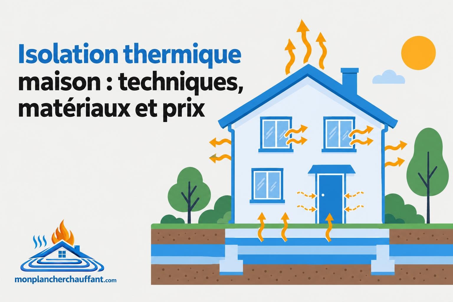 Maison blanche avec toit bleu et cheminée, entourée d’arbres et d’un paysage, montrant des flèches oranges représentant les