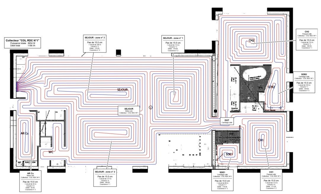 Plan d’installation de chauffage et de tuyauterie montrant un circuit de chauffage central en spirale sur tout l’intérieur du logement, avec zones labelisées et indices de calorimétrie. Améliorer performance énergétique maison, DPE et isolation évoqués.