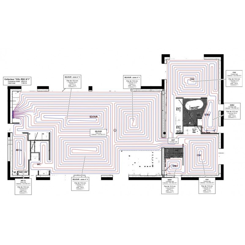 Plancher chauffant en plan de distribution avec boucles serrées et circuits imprimés sur un plan de rez-de-chaussée.
