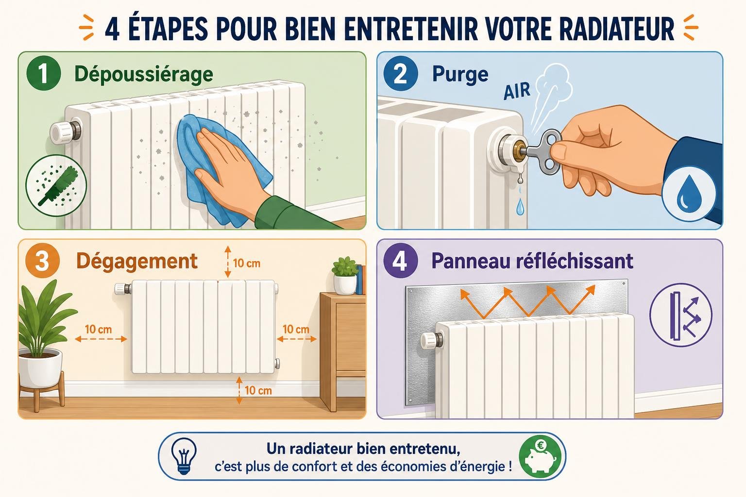 Quatre étapes pour entretenir un radiateur afin de réduire sa facture de chauffage : dépoussiérage, purge, dégagement des espaces et panneau réfléchissant.
