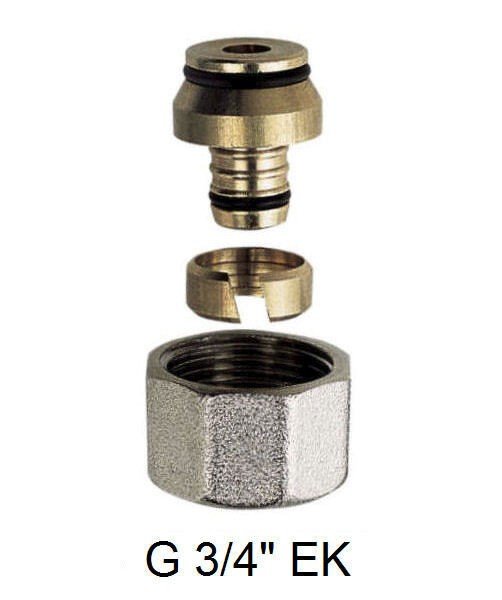 Raccord thermique dégagé en trois pièces pour chauffage au sol, pièce feme à visser, filetage G 3/4" EK, ensemble comprenant joint et écrou.