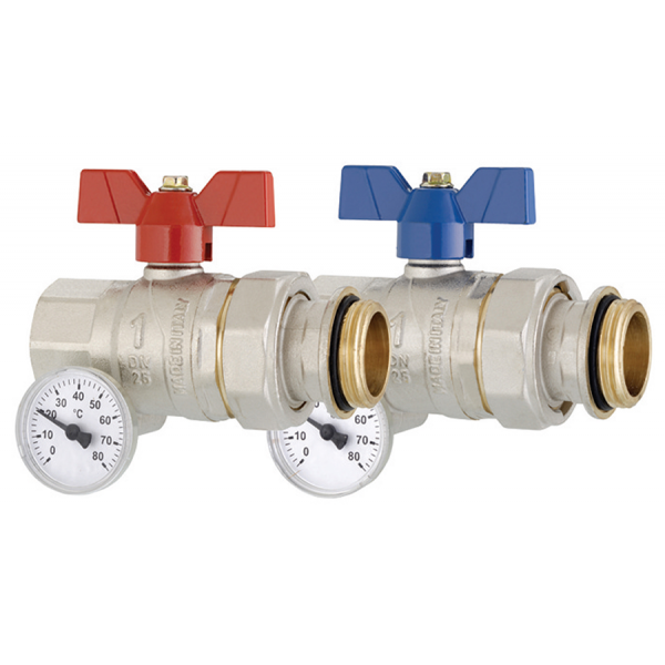 Réducteurs avec robinet fleureté rouge et bleu et manomètres, pour chauffage au sol comment le régler, démonstration de débit et contrôle thermique.