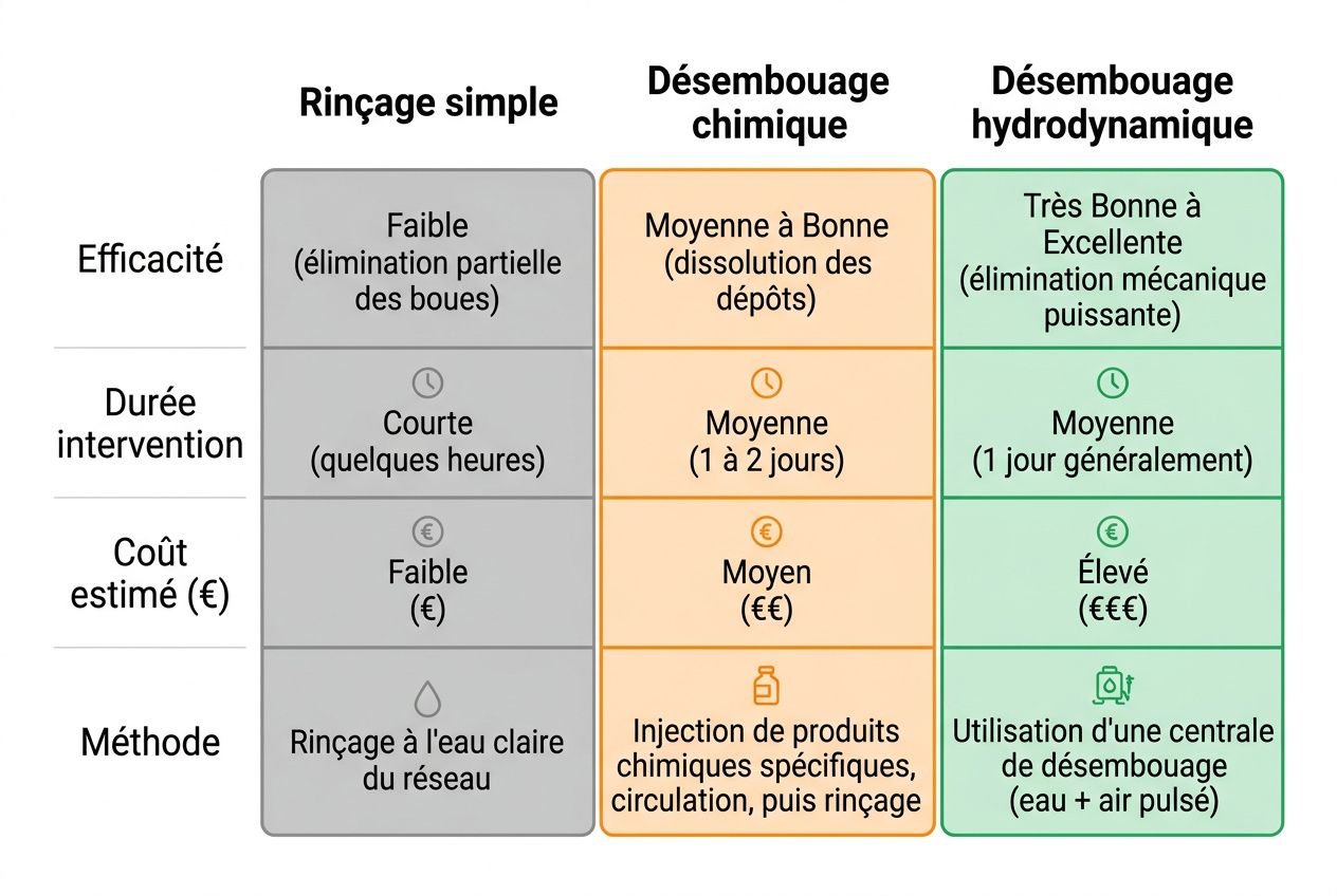 Rinçage simple et désembouage chimique et hydrodynamique comparés : efficacité, durée, coût et méthode, avec le désembouage hydrodynamique plus efficace et rapide.