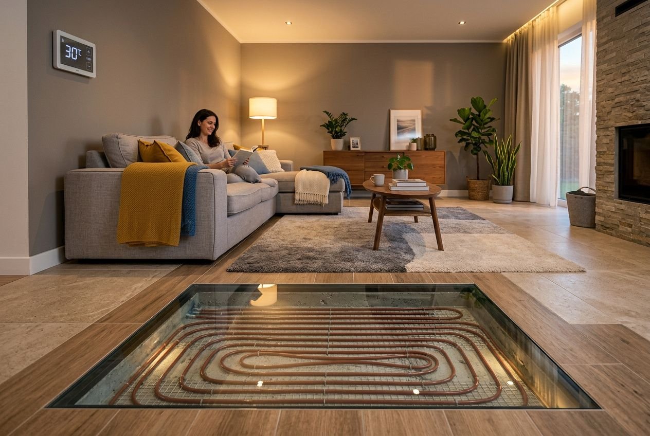 Salon moderne avec chauffage basse température au sol : une famille se détend, réchauffé par un plancher chauffant visible sous une grande baie vitrée.