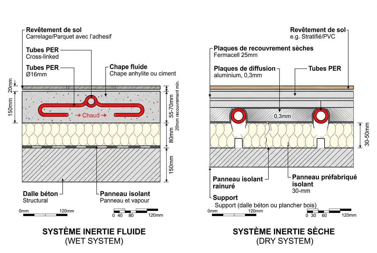 Schéma comparatif d’un système d’inertie fluide et d’un système inertie sèche, montrant les tubes chauffants et les couches d’isolation et de revêtement sous sol.
