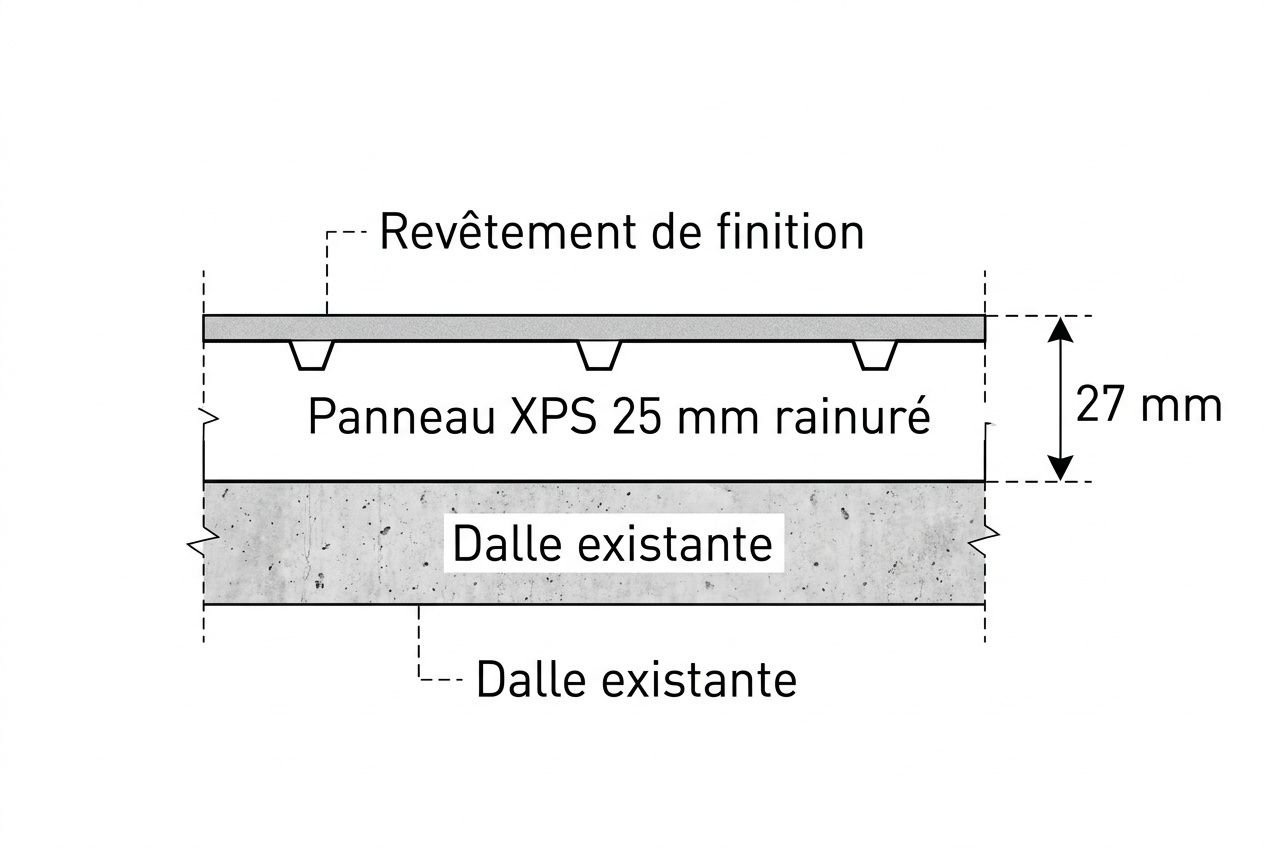 Schéma d’isolation du sol en rénovation montrant un dalle existante, une dalle existante sous-jacente et un panneau XPS 25 mm rainuré, avec revêtement de finition au dessus et une épaisseur totale indiquée à 27 mm.