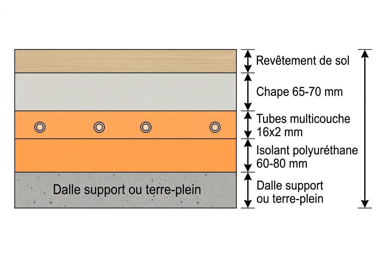 Schéma d’un plancher chauffant avec isolation : dalle support, isolant polyuréthane 60–80 mm, tubes 16x2 mm, chape 65–70 mm et revêtement de sol. isolation plancher chauffant épaisseur.