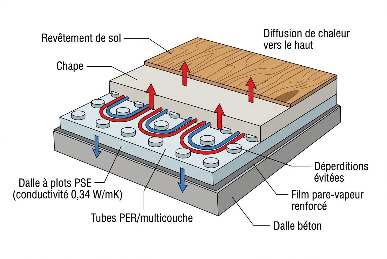 Schéma d’un plancher chauffant montrant les couches: dalle béton, isolation et tubes PER/multicouche, chape, revêtement et diffusion de chaleur vers le haut. Mon plancher chauffant ne chauffe pas assez.