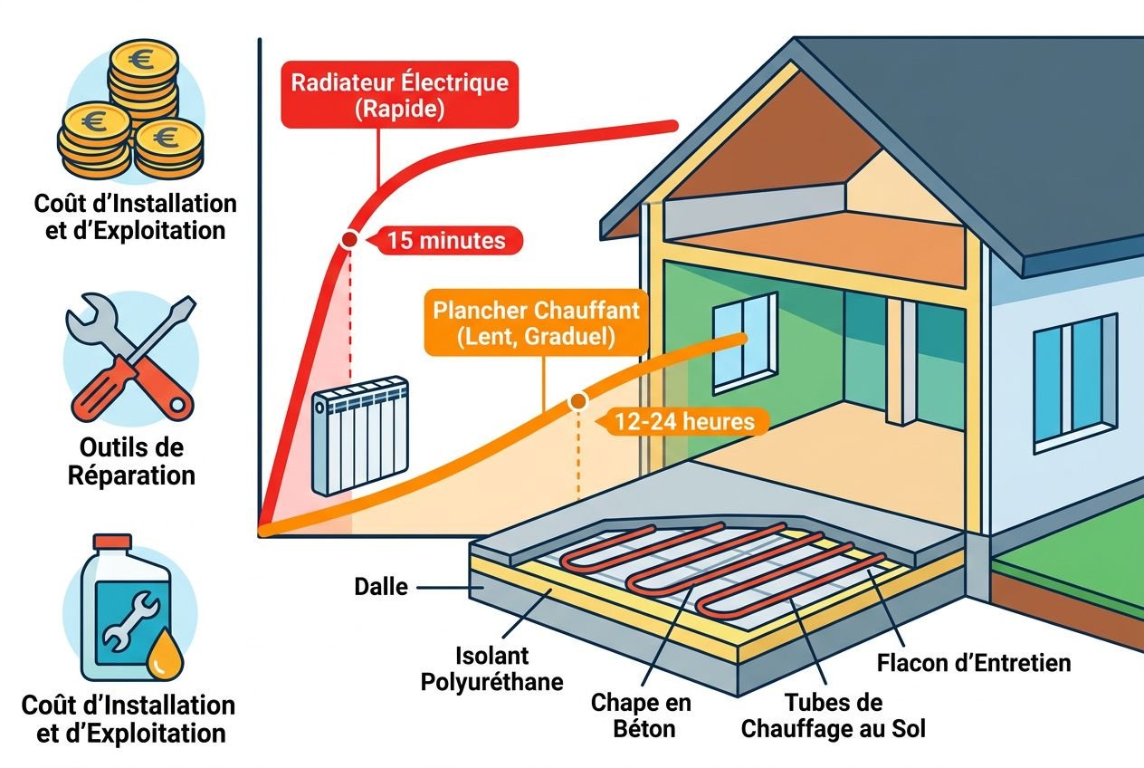 Schéma pédagogique illustrant un plancher chauffant sous dalle: segments isolants, chape en béton et tubes chauffants au sol, avec radiateur électrique rapide et coûts affichés à gauche. Avantages et inconvénients plancher chauffant maison neuve évoqués.