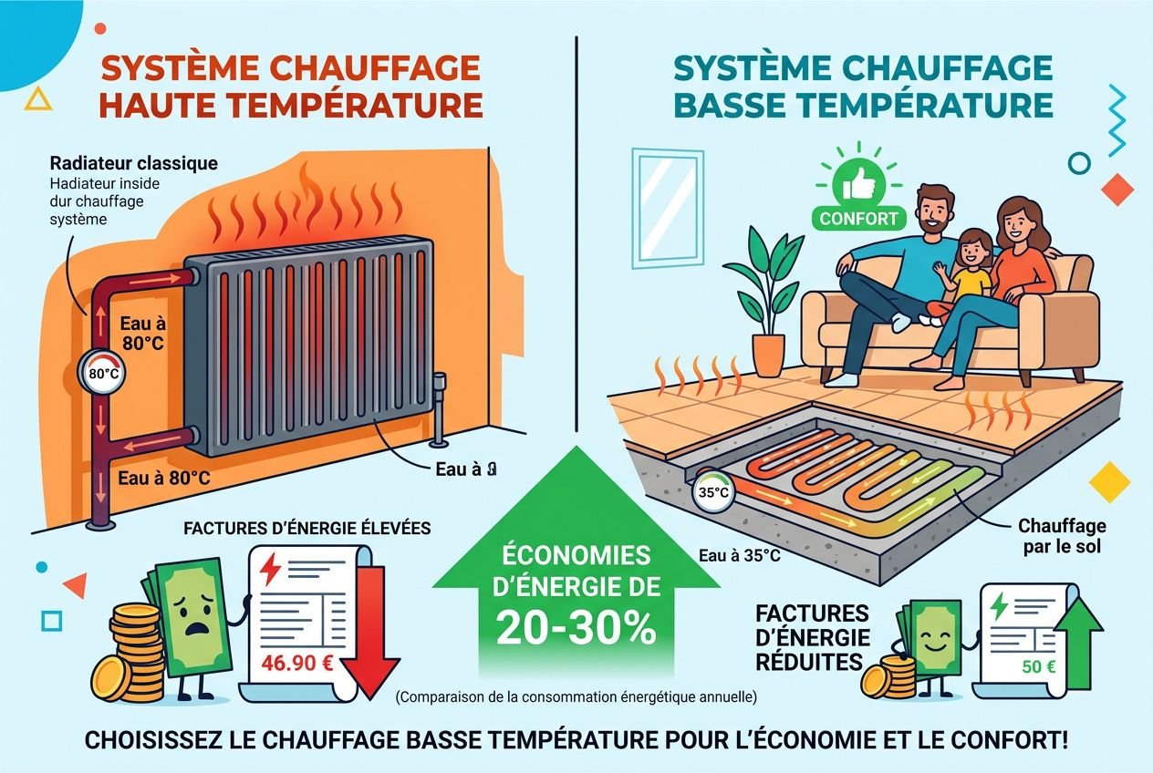 Système chauffage basse température: illustration montrant un canapé avec une famille, plancher chauffant sous le parquet et tuyaux chauffants à basse température, contrasté avec le système haute température. Chauffage par le sol: eau à 35–55°C, économies et confort visibles.