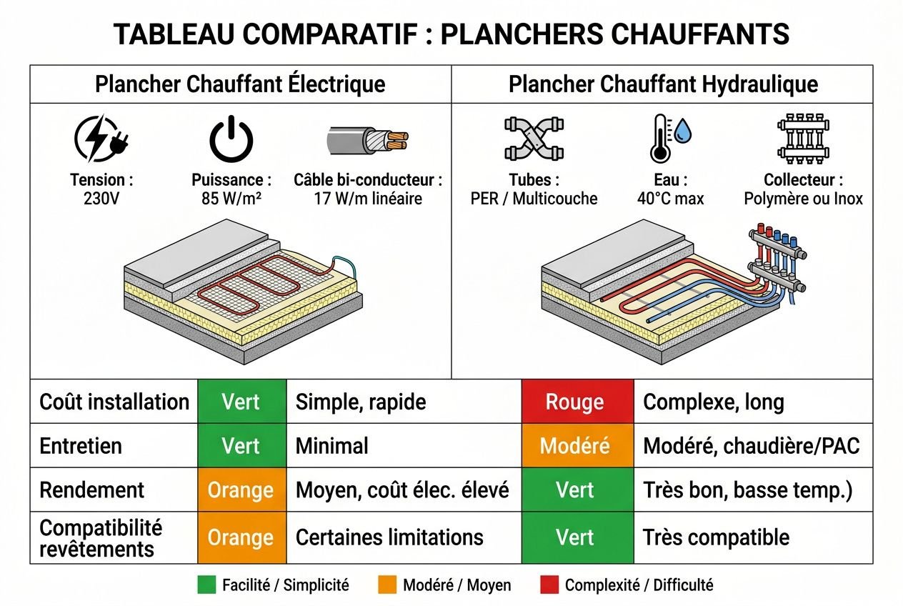 Tableau comparatif: planchers chauffants avec sections électrique et hydraulique, montrant coûts, entretien et rendement; code couleur indique facilité, modération et complexité.