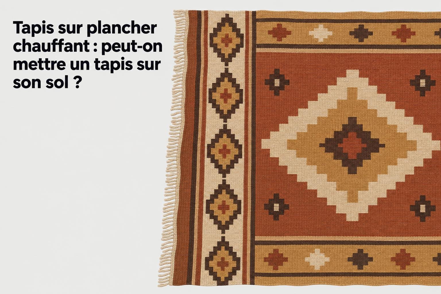 Tapis sur plancher chauffant : question affichée à gauche, tapis décoratif aux motifs géométriques orangés et beige sur le sol.