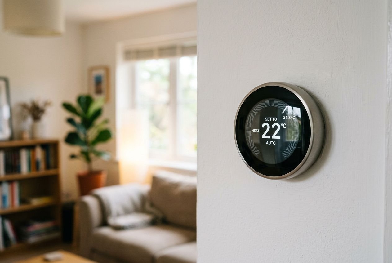 Thermostat connecté affichant 22°C dans un salon lumineux, avec canapé et plantes en arrière-plan. Mon plancher chauffant ne chauffe pas assez.